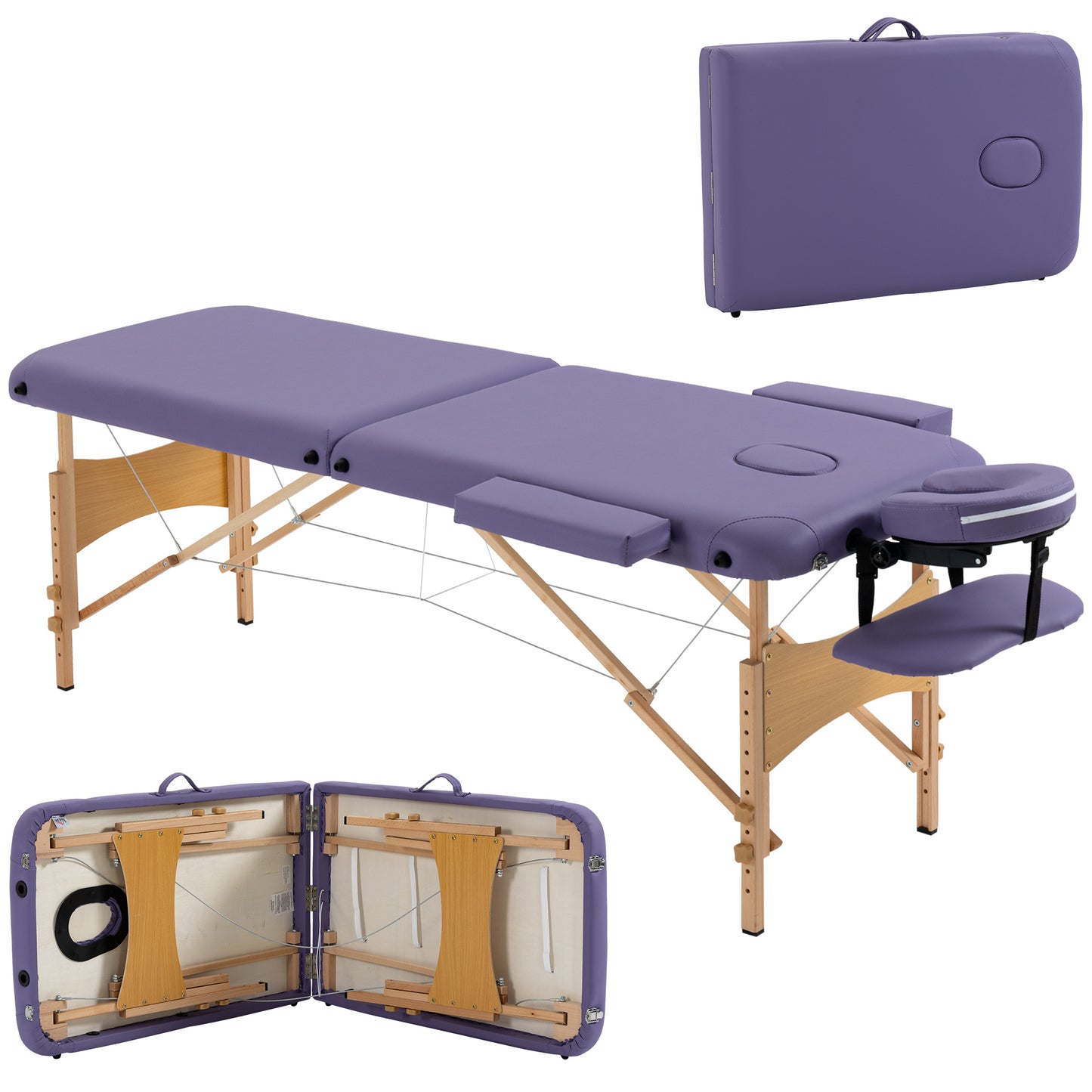 Portable Massage Bed, Folding Spa Beauty Massage Table with 2 Sections, Carry Bag and Wooden Frame, Purple