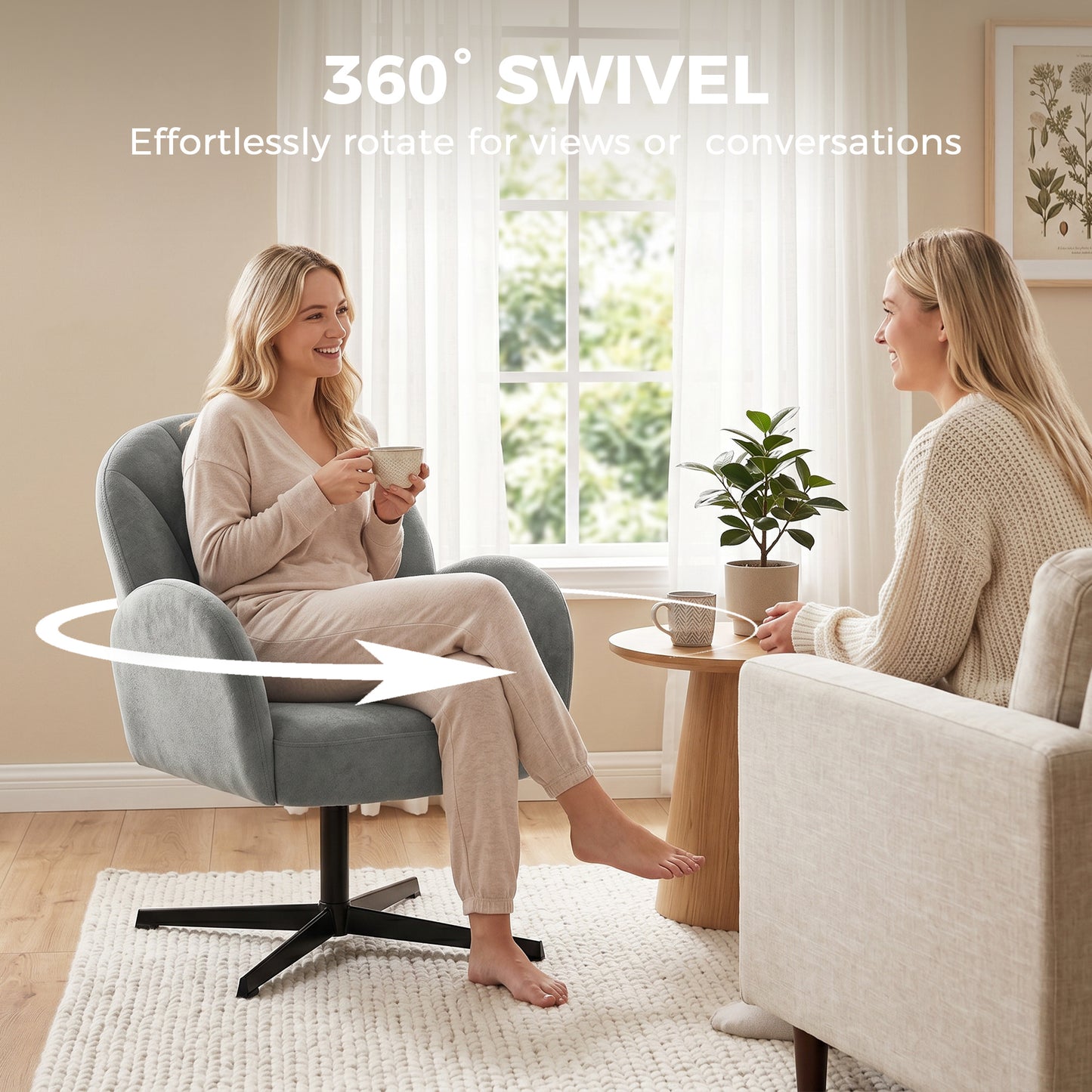 Swivel Accent Chair, Shell-Shaped Armchair with Spring Cushion, Metal Base, Grey