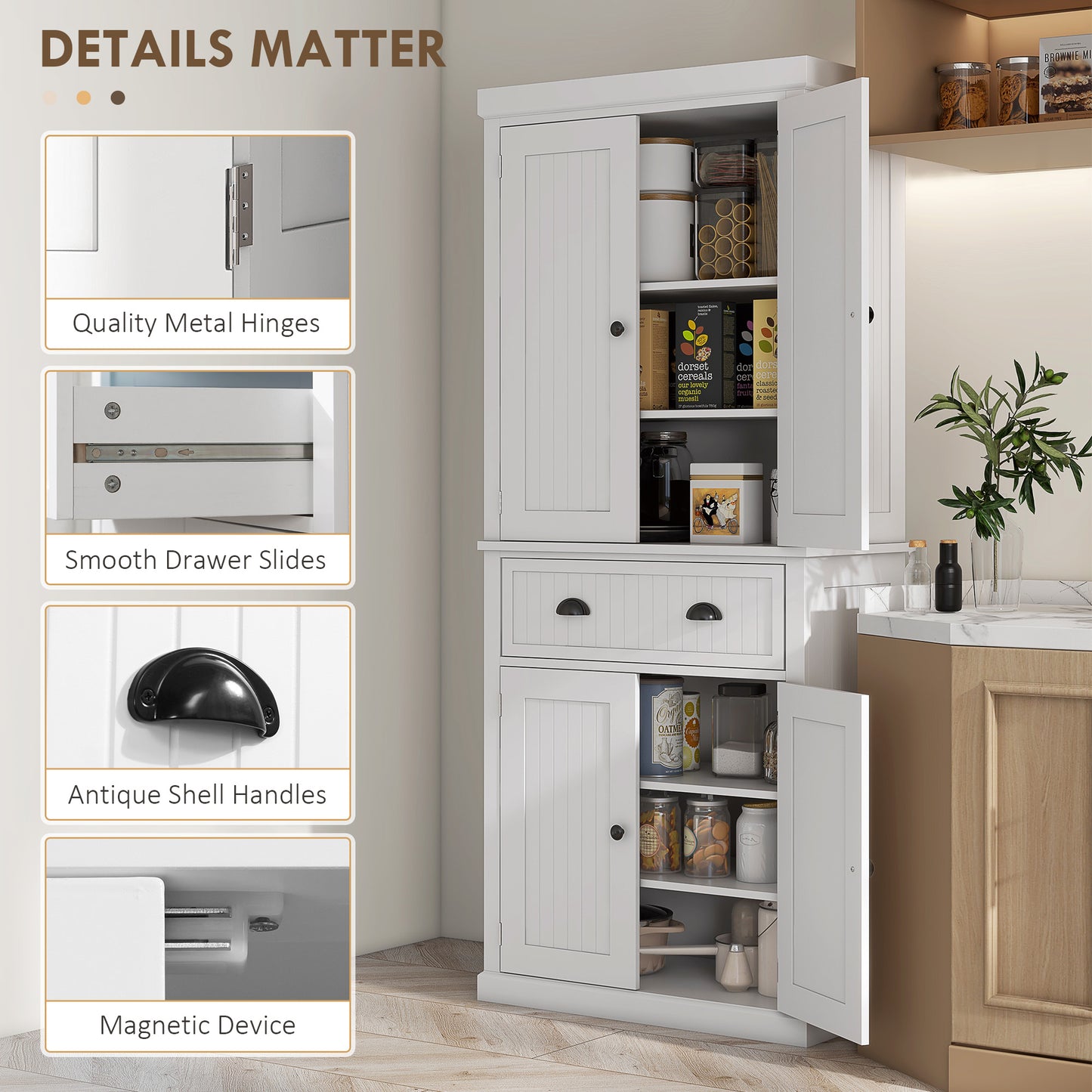 Kitchen Storage Cabinet with Drawer and Adjustable Shelves - White