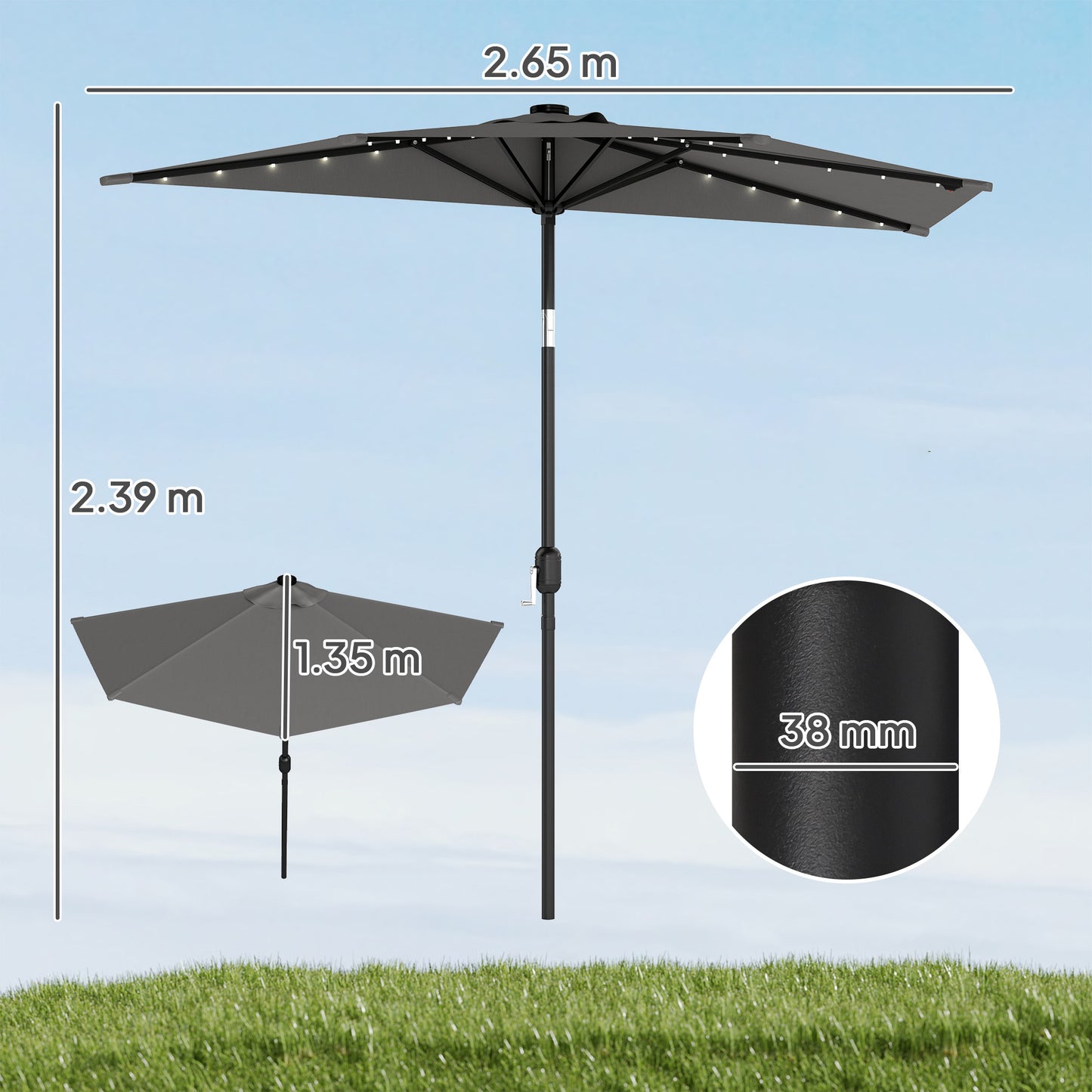 2.6 m Half Garden Parasol with Solar LED Lights, UPF50+ Semi Round Umbrella with 30° Tilt, Crank Handle, Dark Grey