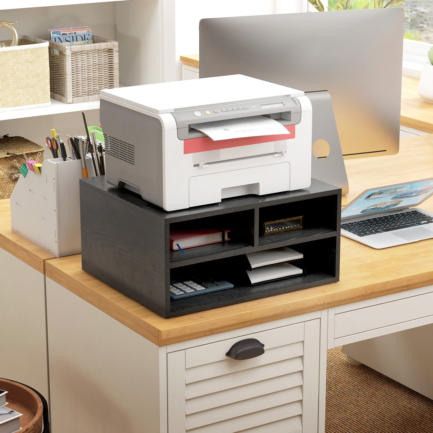Three-Compartment Printer Storage Cabinet - Black