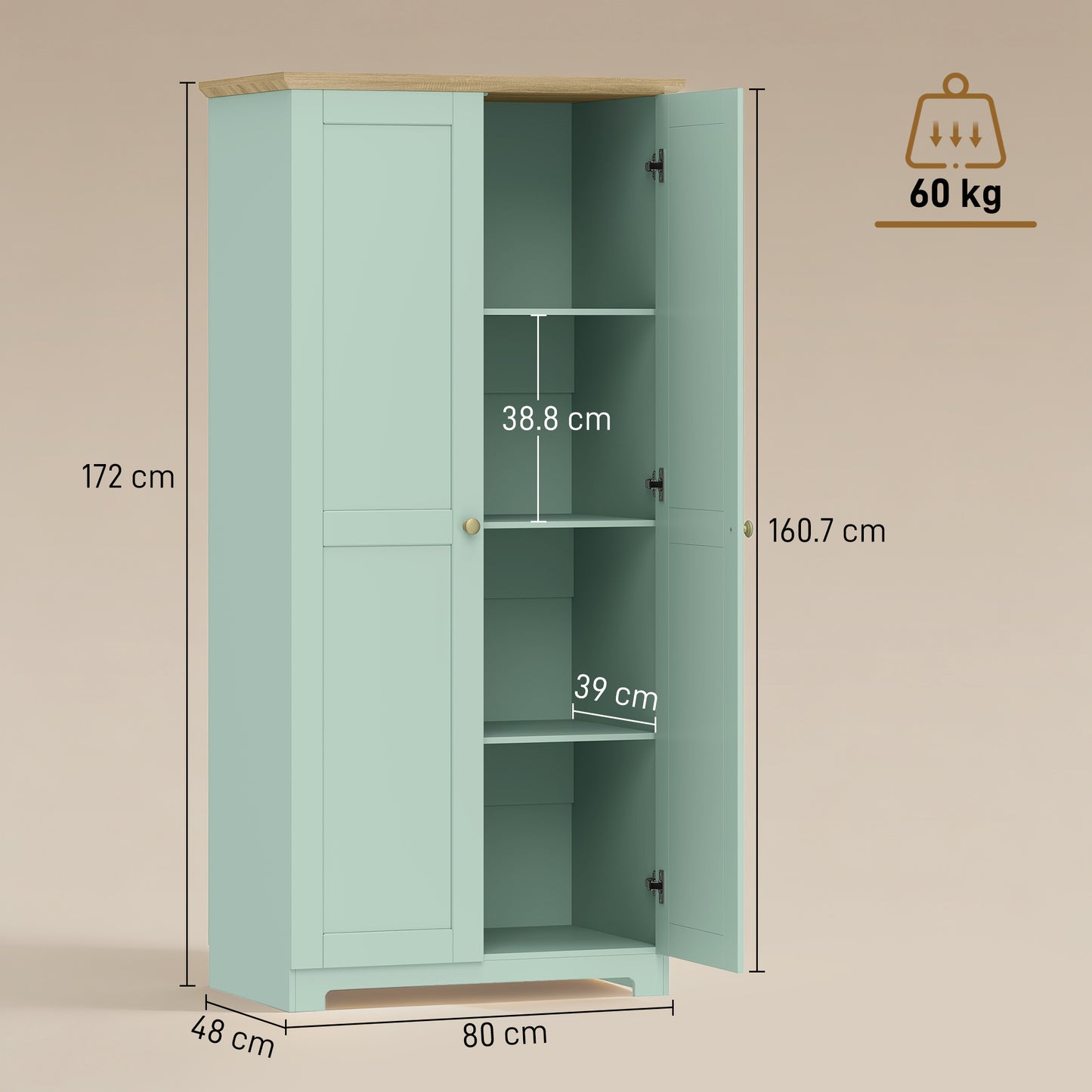 Kitchen Cupboard, 172cm Freestanding Storage Cabinet with Doors and Shelves, Light Green