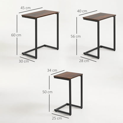 Nesting Side Tables Set of 3, C-Shaped Snack Side Tables with Steel Frame for Sofa Couch and Bed, Rustic Brown