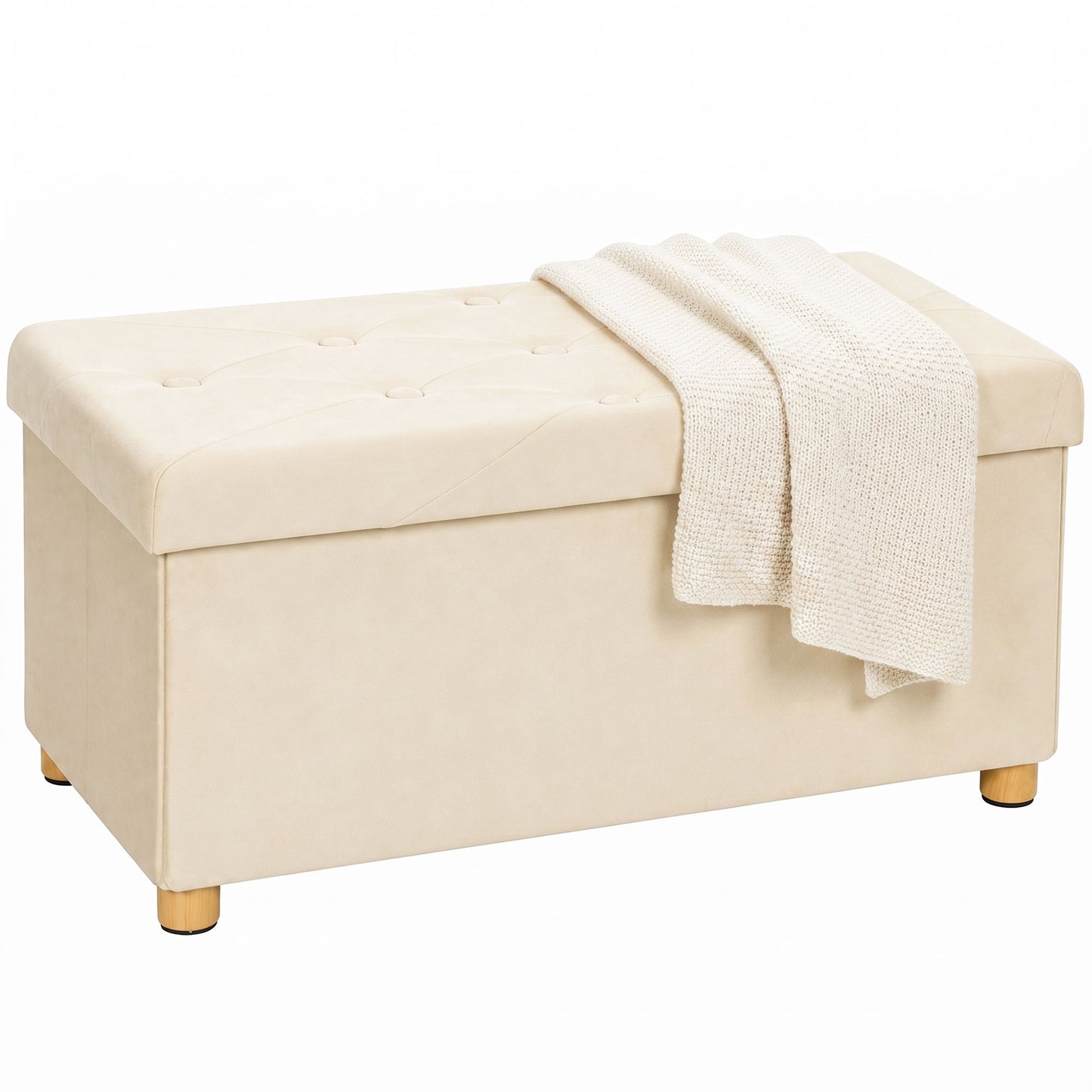 Velvet Upholstered Foldable Ottoman Footrest, Storage Ottoman Bench with Wood Legs for Living Room, Cream White