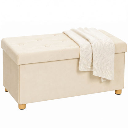 Velvet Upholstered Foldable Ottoman Footrest, Storage Ottoman Bench with Wood Legs for Living Room, Cream White