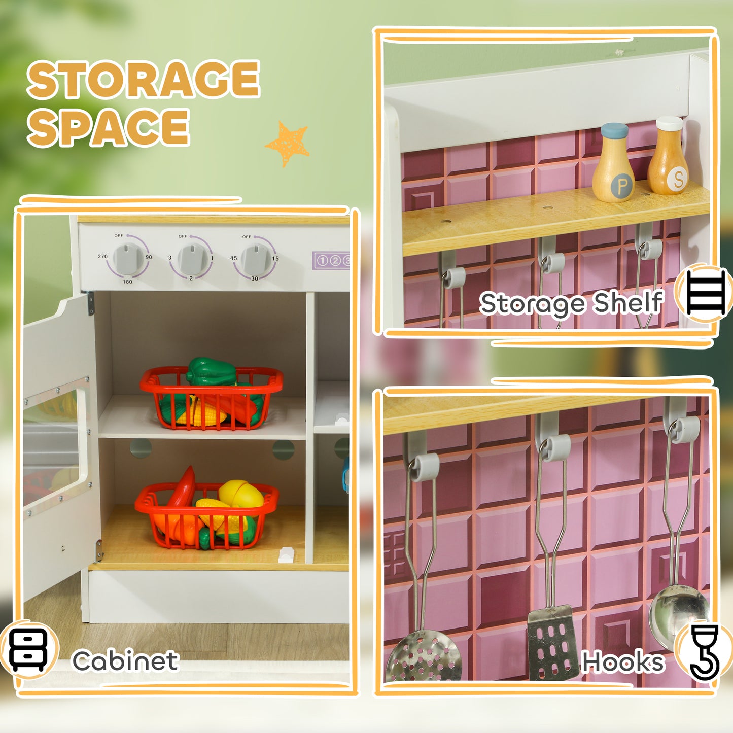 Kids Play Kitchen, Pretend Play Kitchen with Realistic Oven, Stove, Sink, Kitchen, Accessories, White