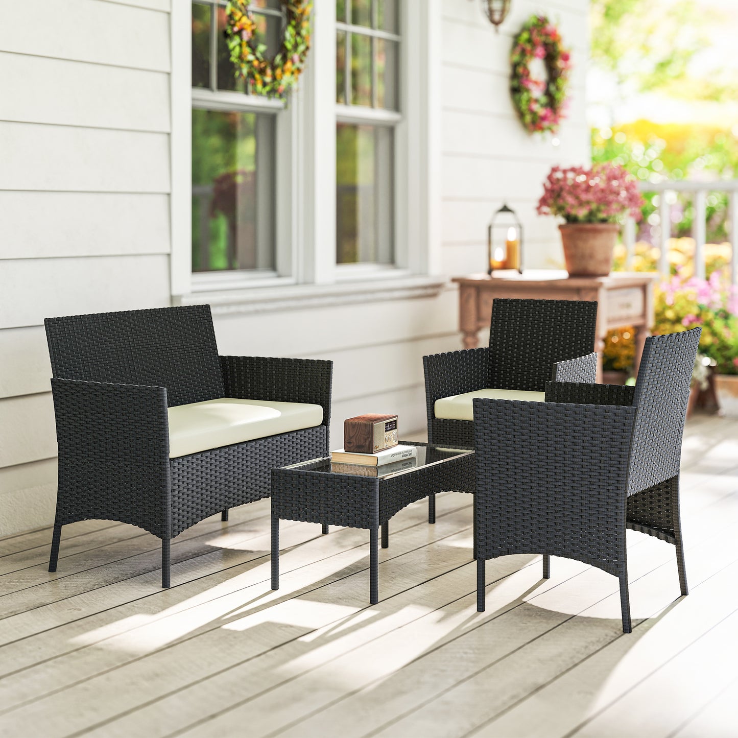 4 Piece Rattan Garden Furniture Sofa Set with Loveseat, Armchairs, Glass-Top Coffee Table and Cushions, Cream White