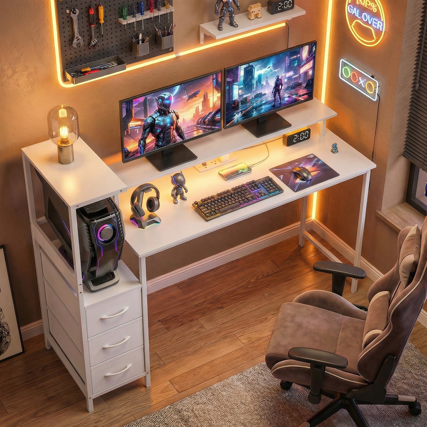 147cm Gaming Desk with Charging Station and Monitor Stand, Computer Table for Home Office with RGB Lights, White