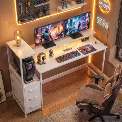 147cm Gaming Desk with Charging Station and Monitor Stand, Computer Table for Home Office with RGB Lights, White