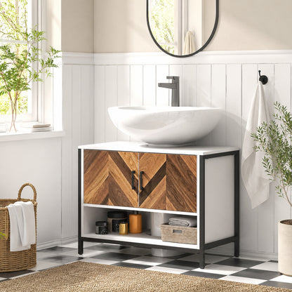 Under Sink Bathroom Cabinet, Rustic Under Sink Cabinet for Basin with or without Pedestal, Cream White and Walnut