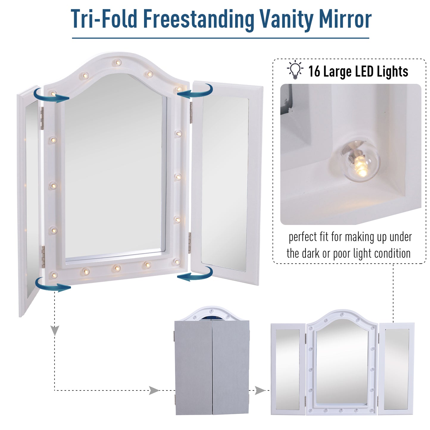 Trifold Tabletop Mirror, 73x53.5cm Makeup Mirror Large Cosmetic w/16 LED Lights Powered by Batteries, Foldable For Bedroom