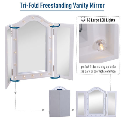 Trifold Tabletop Mirror, 73x53.5cm Makeup Mirror Large Cosmetic w/16 LED Lights Powered by Batteries, Foldable For Bedroom