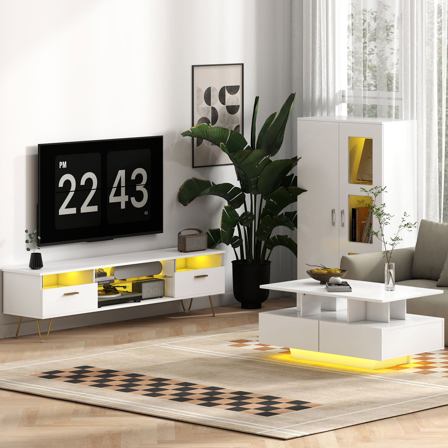 High Gloss Sideboard, Display Cabinet with 16-Colour RGB LED Lights and Remote Control