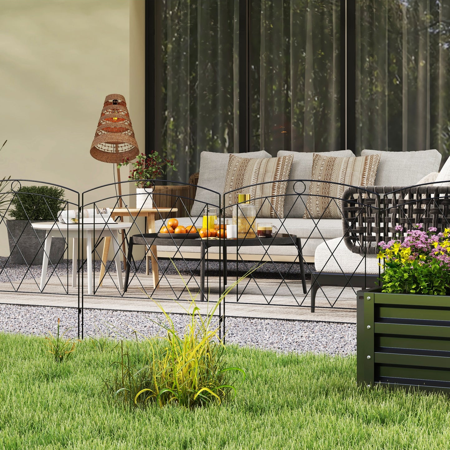 Metal Decorative Outdoor Picket Fence Panels Set of 6, Black
