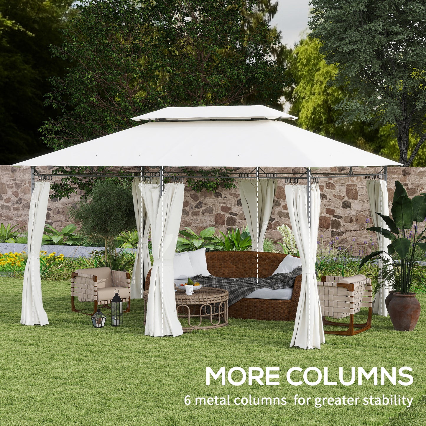 3 x 4m Metal Frame, Two-Tier Roof Gazebo - Cream White