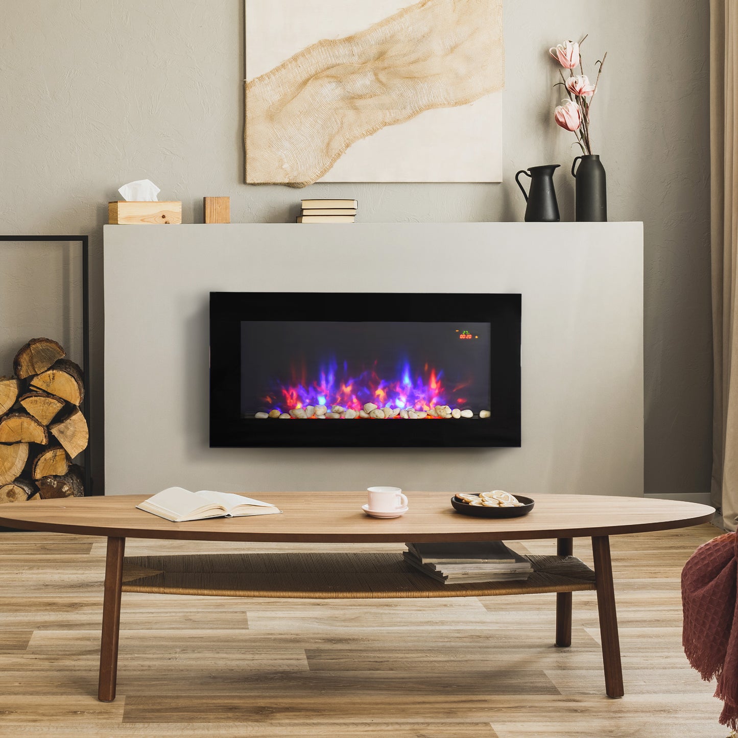 LED Wall Mounted Fireplace Curved Glass Electric Fire Place for Living Room, 1000W/2000W, 48H x 90.8W x 11.5Dcm, Black