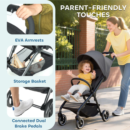 Travel Stroller, Lightweight Pushchair, Compact Buggy with Canopy, Basket and Multi-Position Recline, Dark Grey