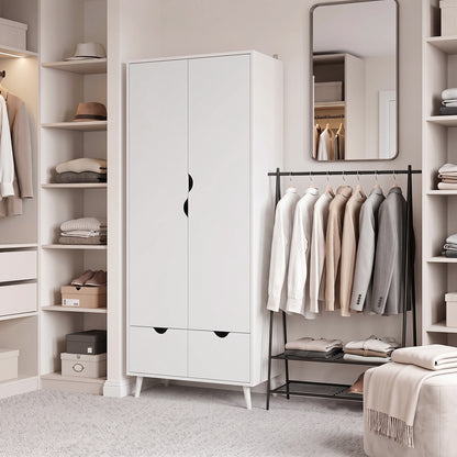 Elegant Home Storage Organisation Furniture, 2-Door Clothes Wardrobe with 2 Drawers, Wood Feet, White