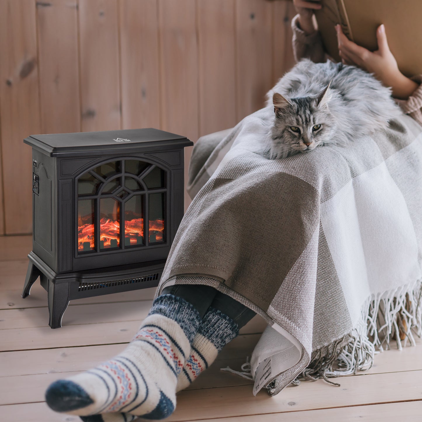 1000W/2000W Freestanding Electrical Fireplace Indoor Heater Stove Log Wood LED Burning Effect Flame with Thermostat Control B