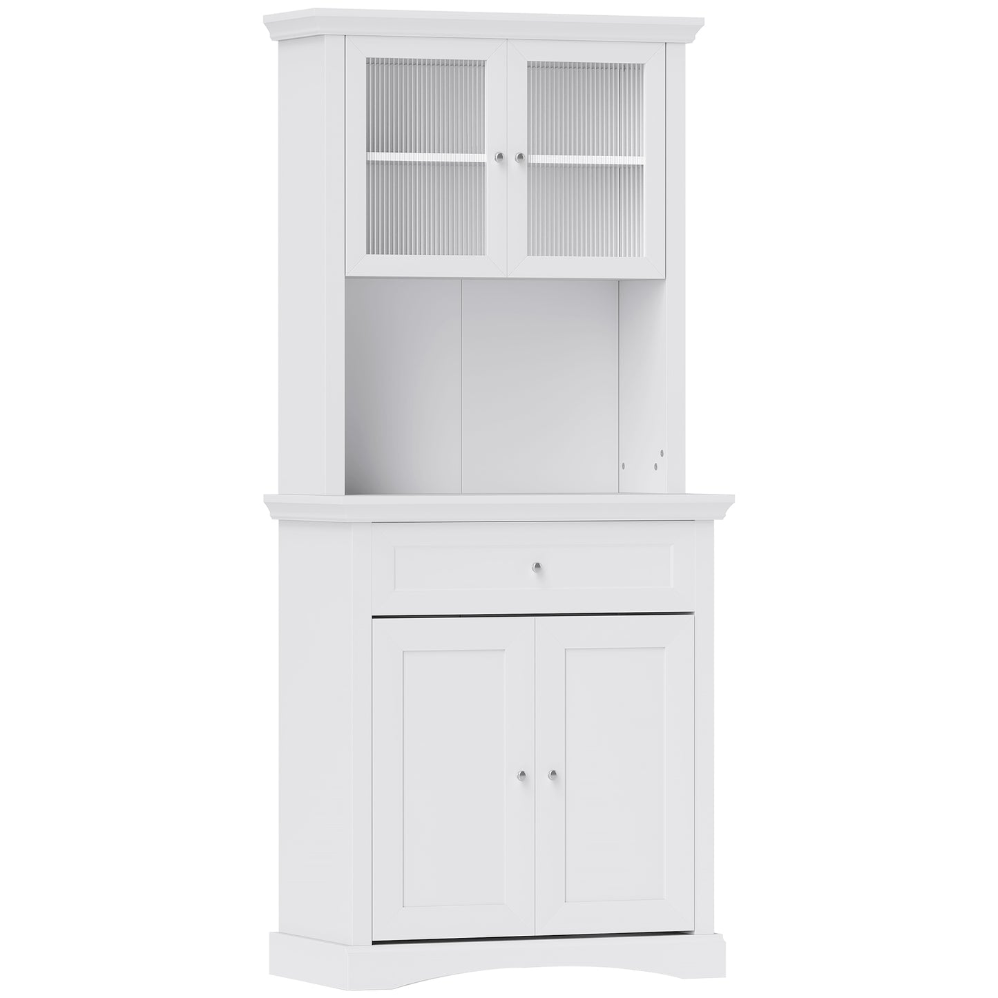 4-Door Kitchen Cupboard with Drawer, Freestanding Kitchen Cabinet with Glass Doors, Adjustable Shelves and Open Counter