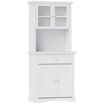 4-Door Kitchen Cupboard with Drawer, Freestanding Kitchen Cabinet with Glass Doors, Adjustable Shelves and Open Counter