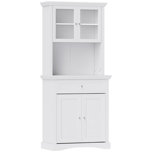 4-Door Kitchen Cupboard with Drawer, Freestanding Kitchen Cabinet with Glass Doors, Adjustable Shelves and Open Counter