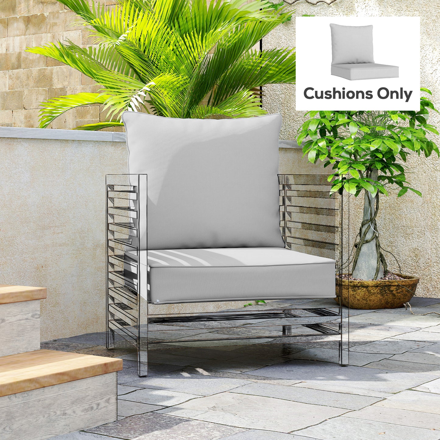 Outdoor Seat and Back Cushion Set, 63L x 55W x 15Dcm Patio Deep Seating Chair Fade Resistant Replacement Cushion, Light Grey