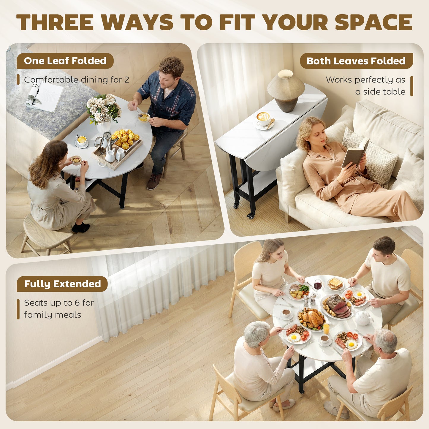 Folding Dining Table, Drop Leaf Table with Open Shelf, Rolling Kitchen Table for Dining Room, Small Spaces, White Marble