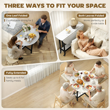 Folding Dining Table, Drop Leaf Table with Open Shelf, Rolling Kitchen Table for Dining Room, Small Spaces, White Marble