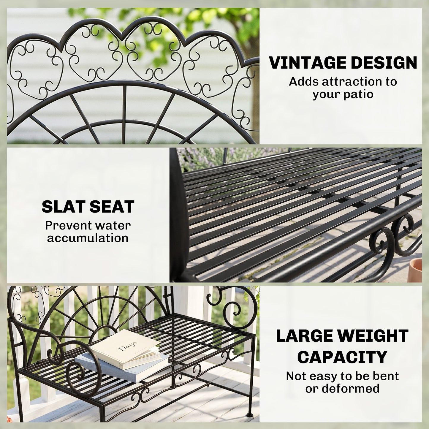 Metal Garden Bench Loveseat with Slatted Seat, Black