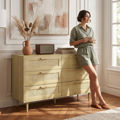 Chest of Drawers, 6-Drawer Dresser, Tall Storage Drawer Unit with Rattan Element for Bedroom, Living Room, Oak