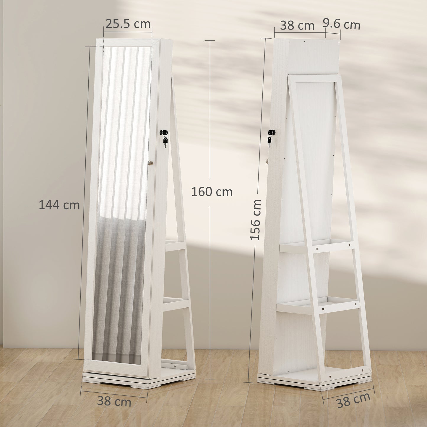 360° Swivel Jewellery Cabinet, Free Standing Full Length Mirror with Storage