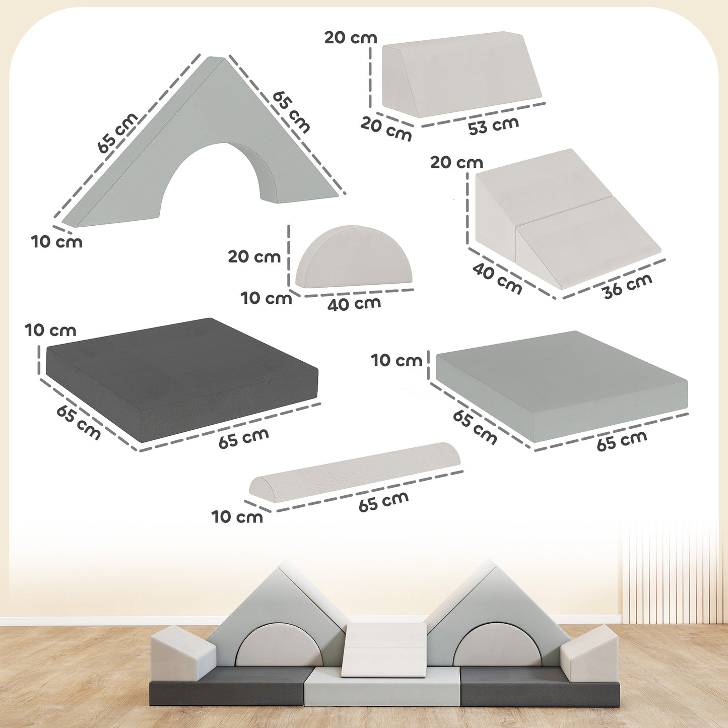 Kids Play Sofa, 12 Pieces Foam Modular Soft Play Set for Playroom, Children Convertible Sofa for Boys and Girls, Grey