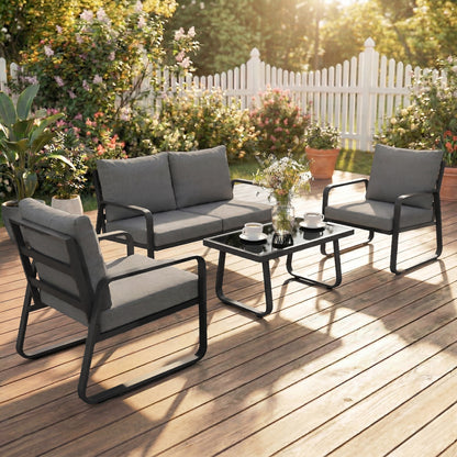 4 Piece Garden Furniture Set, Outdoor Sofa Set with Loveseat, 2 Armchairs, Coffee Table and Cushions