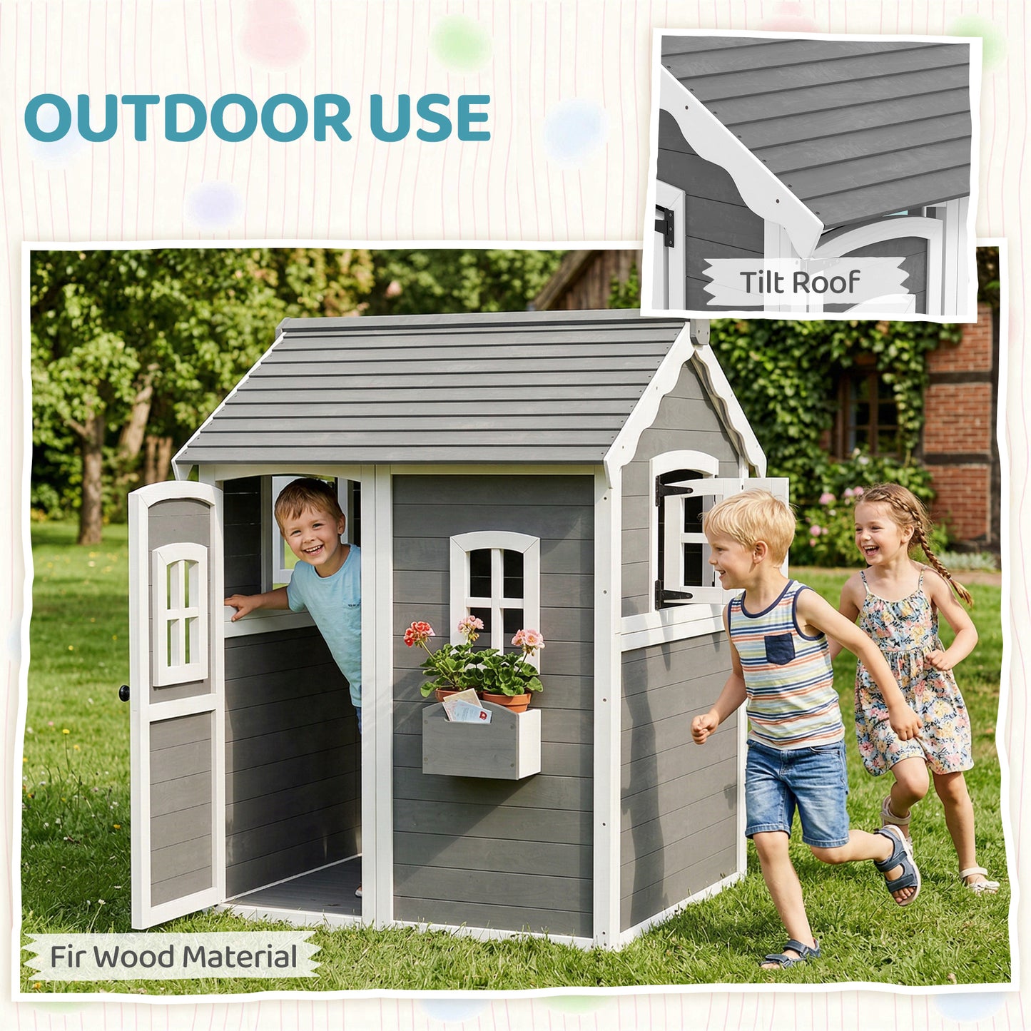 Wooden Playhouse for Kids with Doors, Windows, Plant Box, Floors, for Ages 3-8 Years, for Gardens, Lawns, Patios - Grey