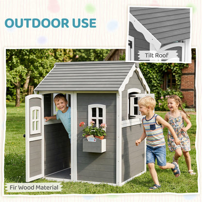 Wooden Playhouse for Kids with Doors, Windows, Plant Box, Floors, for Ages 3-8 Years, for Gardens, Lawns, Patios - Grey