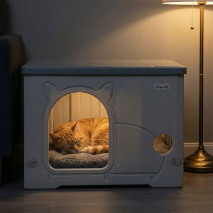 Cat House Stackable Pet Shelter with Removable Cushion for Indoor Outdoor Use Grey
