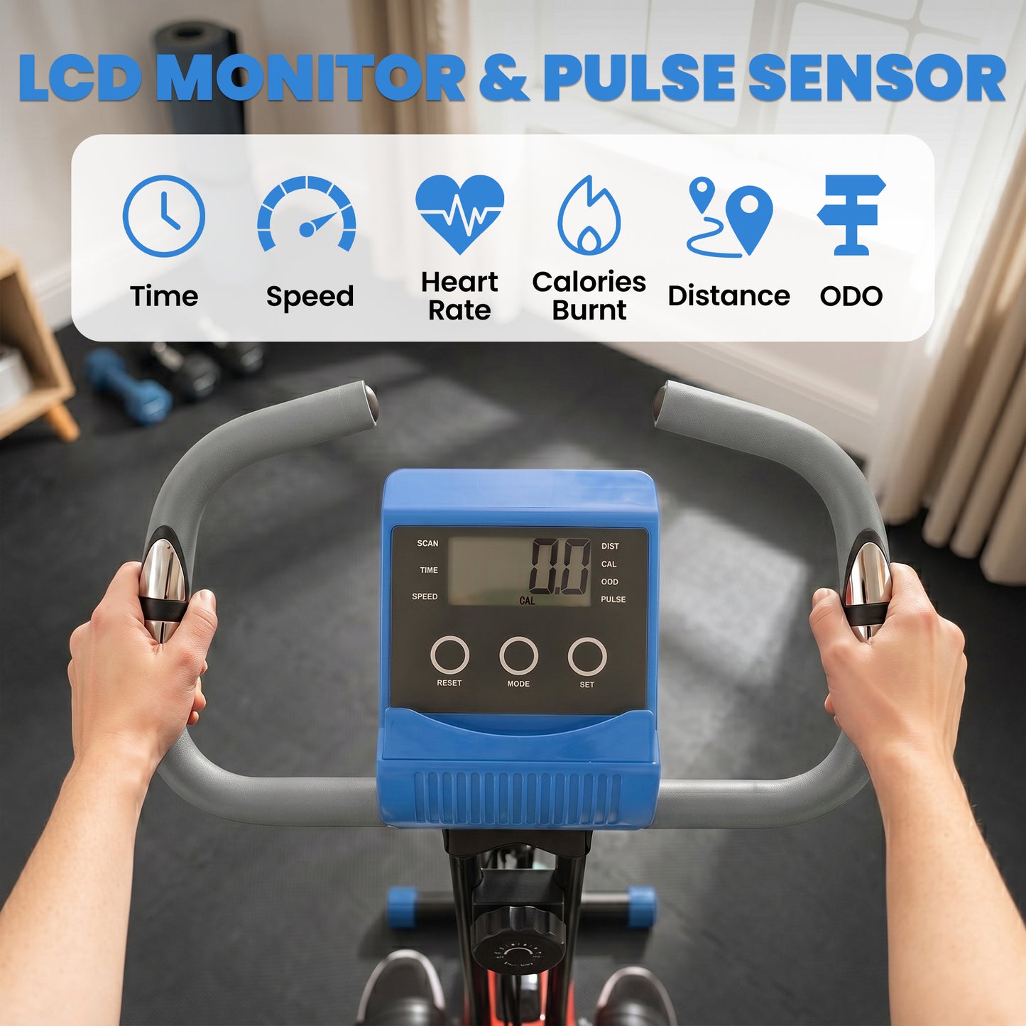 2-in-1 Folding Exercise Bike with 8-Level Magnetic Resistance, Arm Resistance Band, Pulse Sensor, Blue