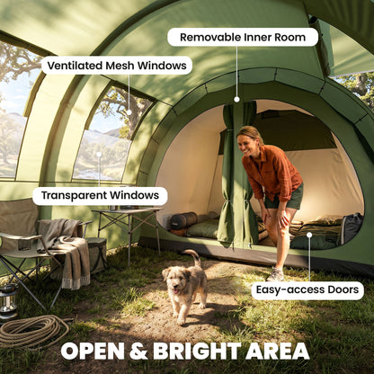 4 Man Camping Tent with 2 Room, Floor and Carry Bag - Green