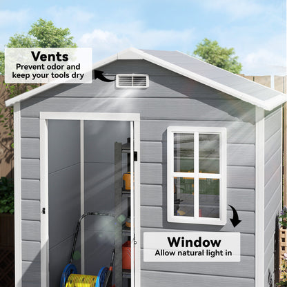 6 x 4ft Plastic Shed with Floor, Wood Effect Resin Garden Shed with Window, Lockable Door, Lock and Keys, Vents
