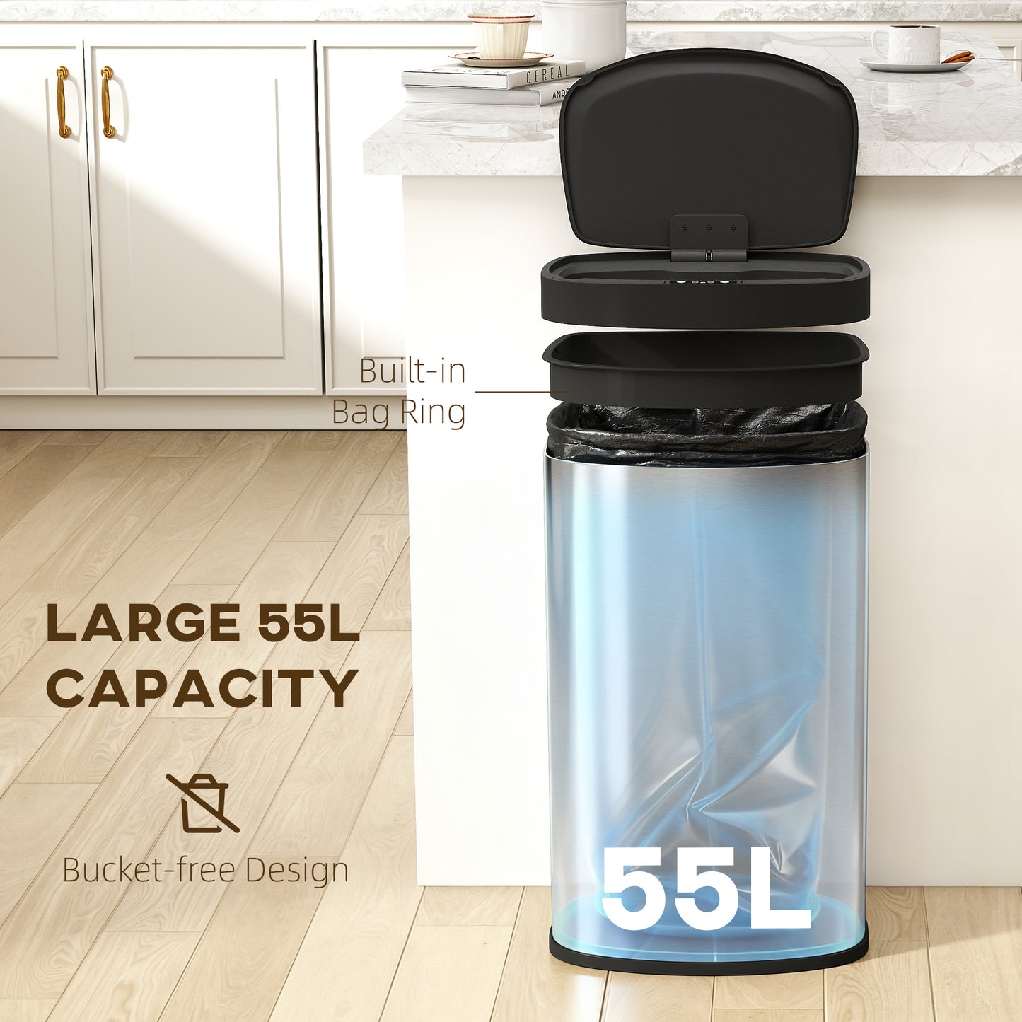 55L Sensor Bin with Soft-Close Lid, Automatic Touchless Motion Sensor Kitchen Bin with Fingerprint Resistant Stainless Steel