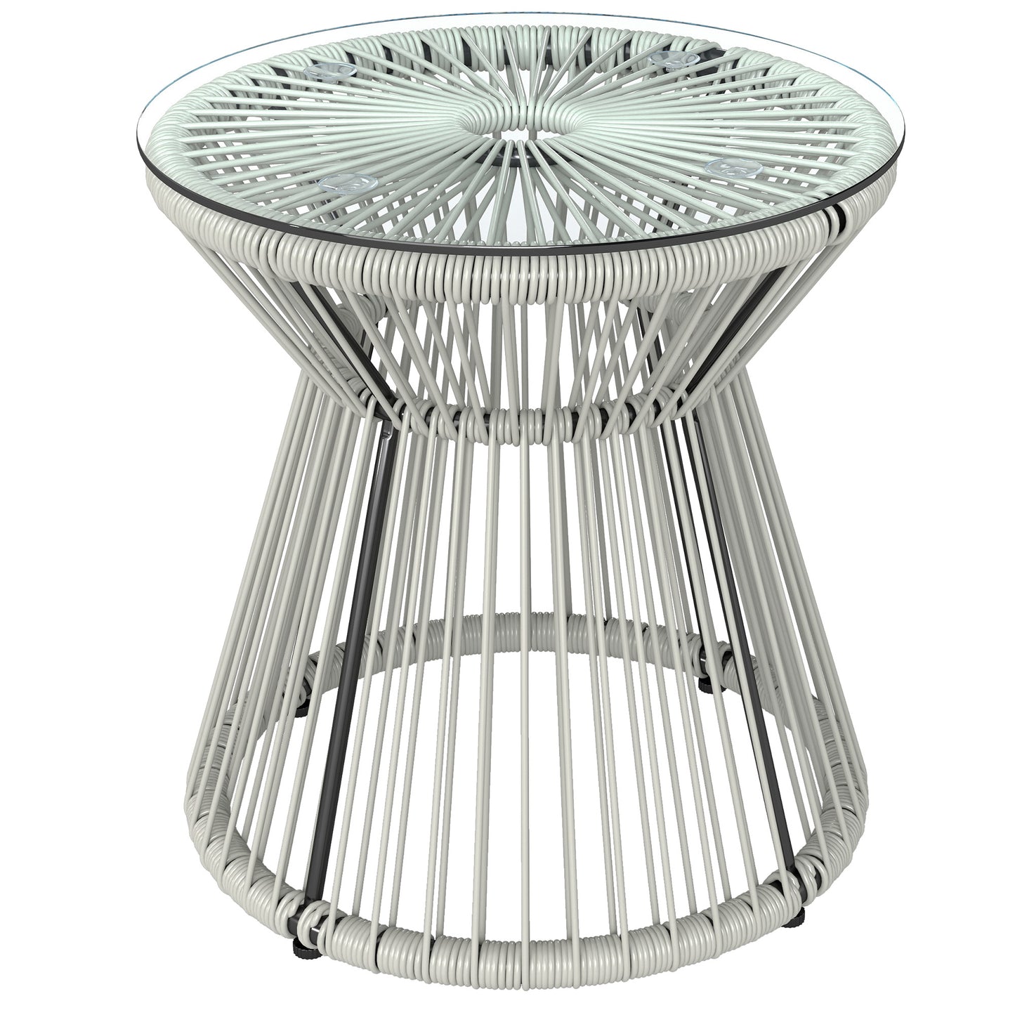 Rattan Outdoor Coffee Table, PE Rattan Wicker Bistro Side Table with Tempered Glass Top, Light Grey