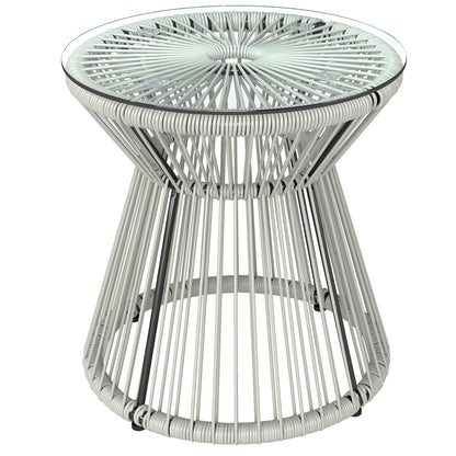 Rattan Outdoor Coffee Table, PE Rattan Wicker Bistro Side Table with Tempered Glass Top, Light Grey