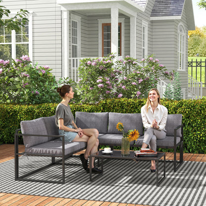 Three-Piece L Shaped Garden Furniture Set with Cushions - Grey