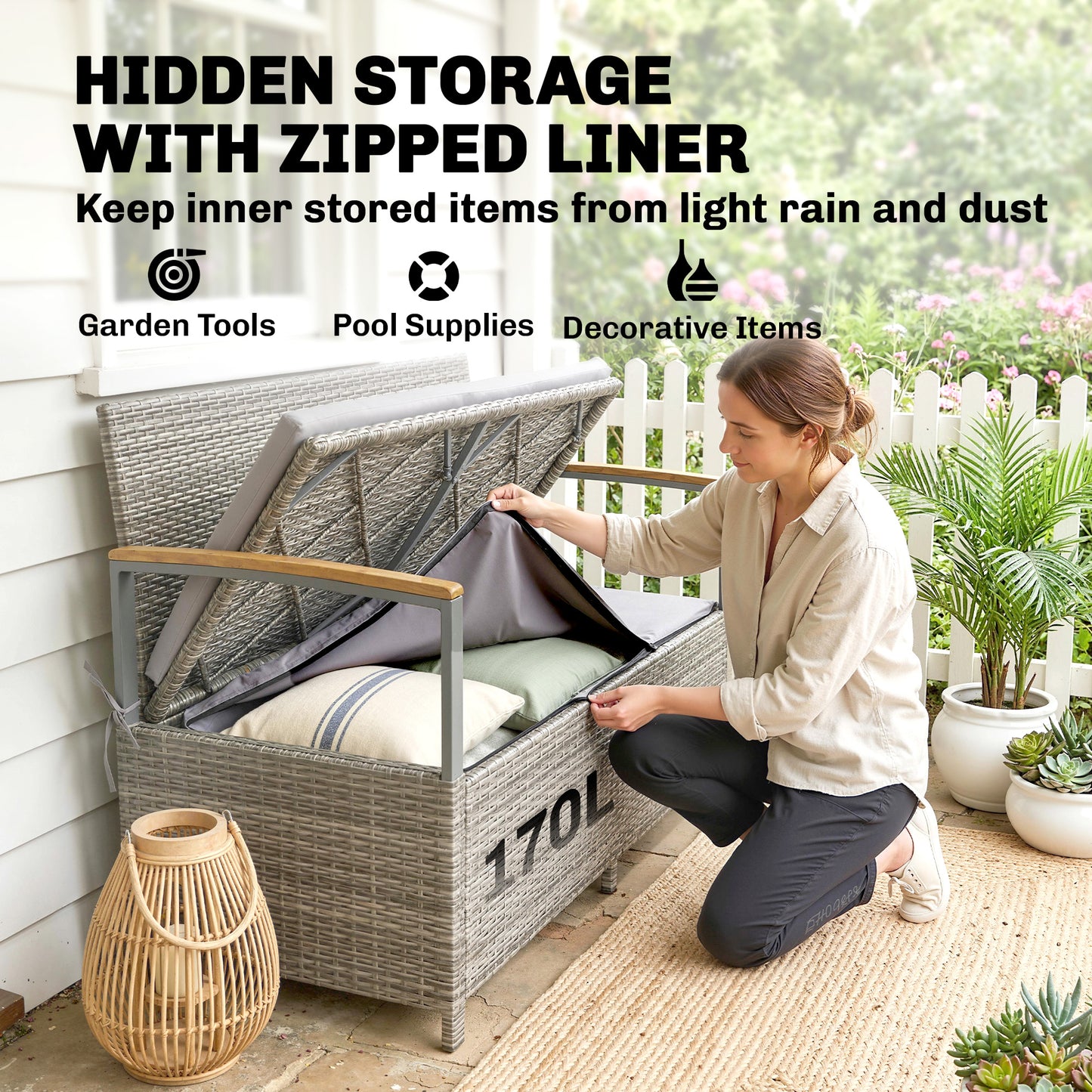 170 L Garden Storage Bench with Zipped Liner, 2 Seater Rattan Garden Bench with Storage, Gas Strut, Cushion, Light Grey