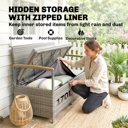 170 L Garden Storage Bench with Zipped Liner, 2 Seater Rattan Garden Bench with Storage, Gas Strut, Cushion, Light Grey