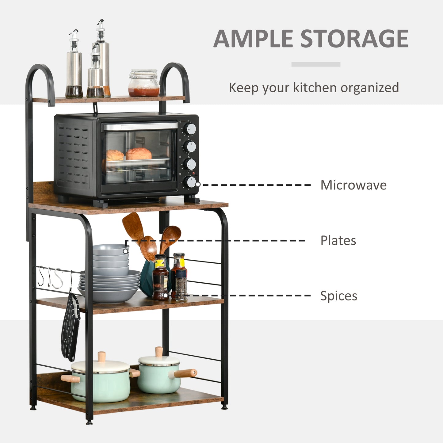 4-Tier Baker's Rack, Microwave Stand with 4 Hooks, Kitchen Storage Unit for Spices, Pots and Pans, Rustic Brown