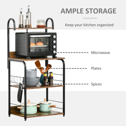4-Tier Baker's Rack, Microwave Stand with 4 Hooks, Kitchen Storage Unit for Spices, Pots and Pans, Rustic Brown