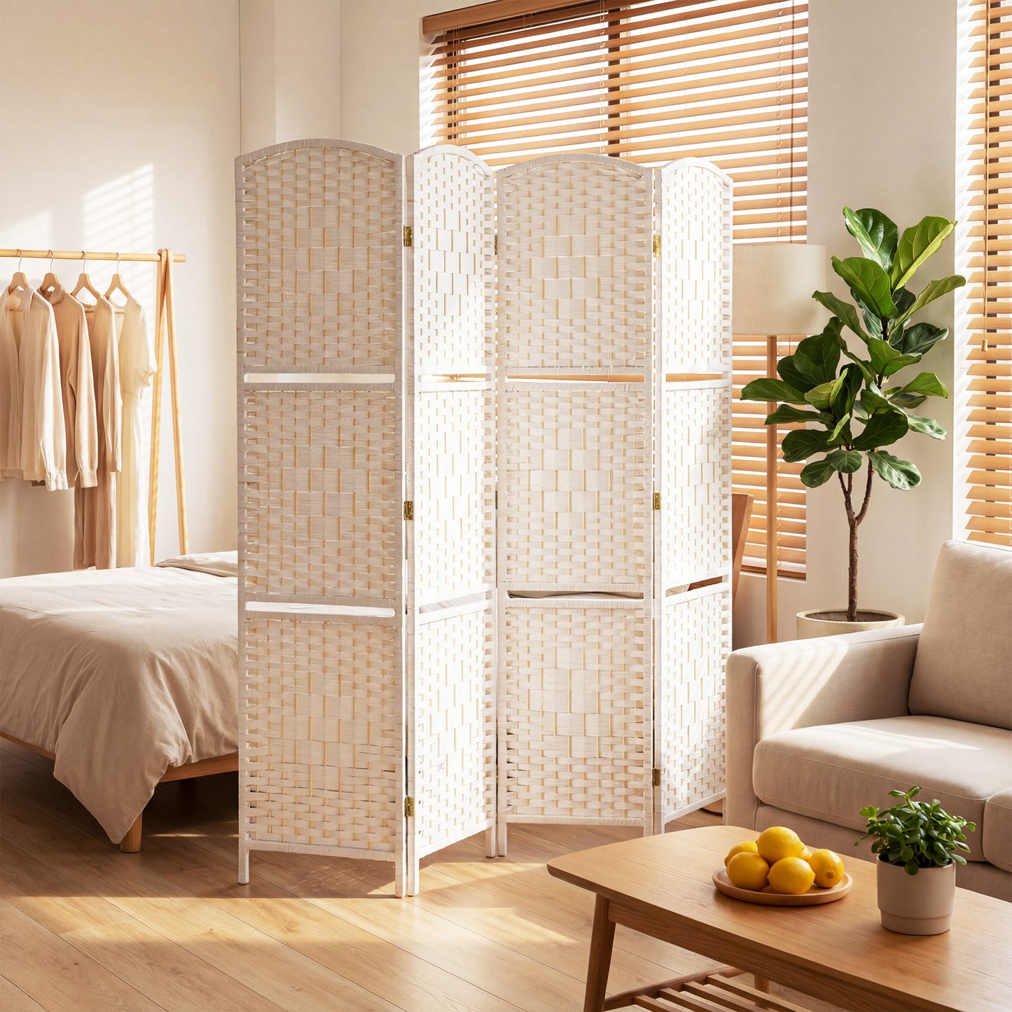 Freestanding Privacy Screen, 4 Panel Folding Room Divider for Living Room, Bedroom and Office, 160 x 170cm, White