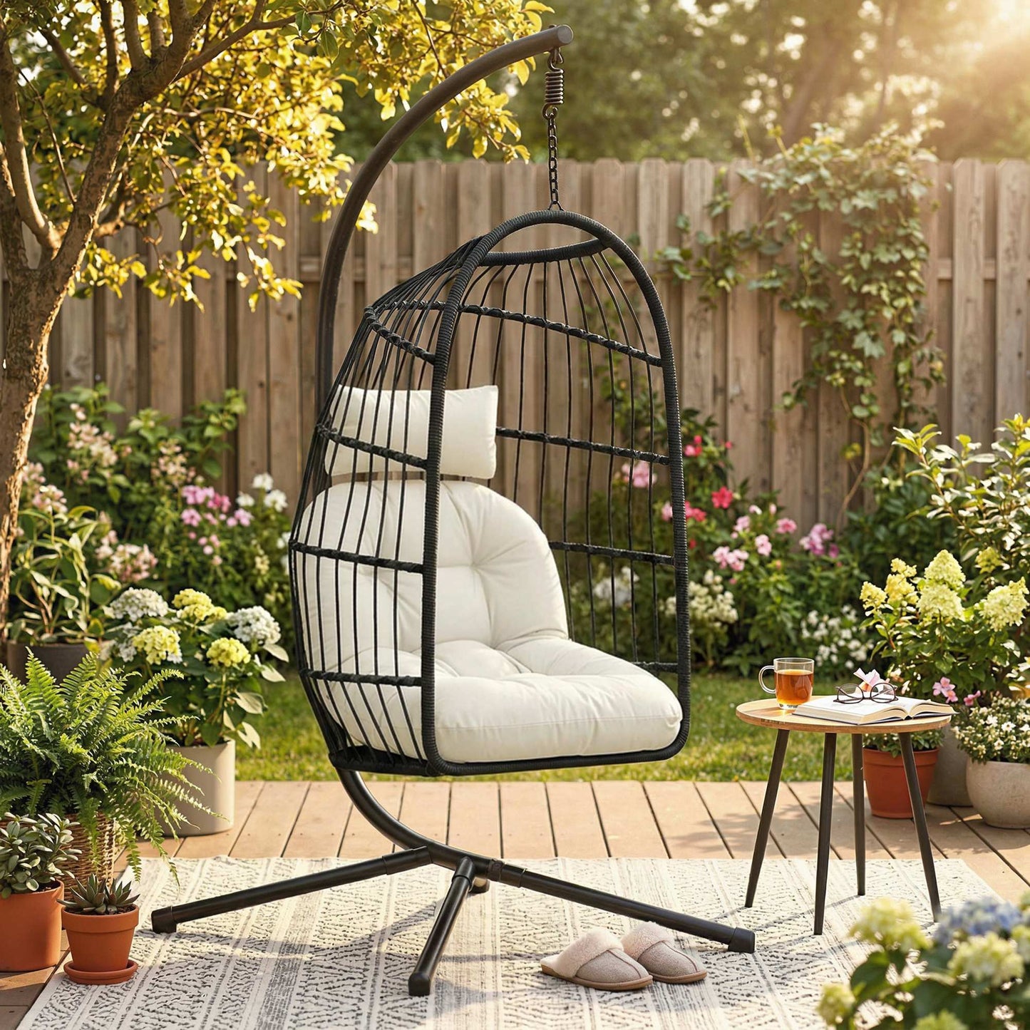 Hanging Egg Chair, Indoor Outdoor Hammock Swing Chair with Stand, Safety Strap, Foldable Basket, Black/Cream White